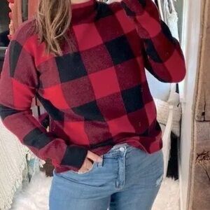Tahari mock neck sweater Red Black Buffalo check Plaid Sweater cabin size large